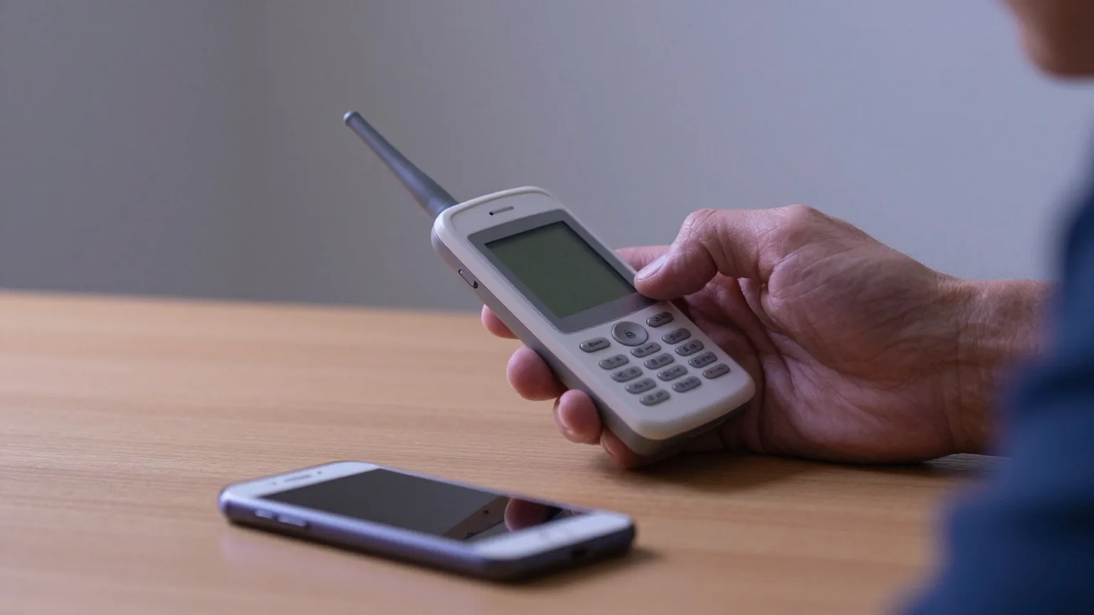Hände eines älteren Mannes halten ein klobiges Mobiltelefon aus den Neunzigern, davor liegt ein modernes Smartphone auf dem Holztisch
