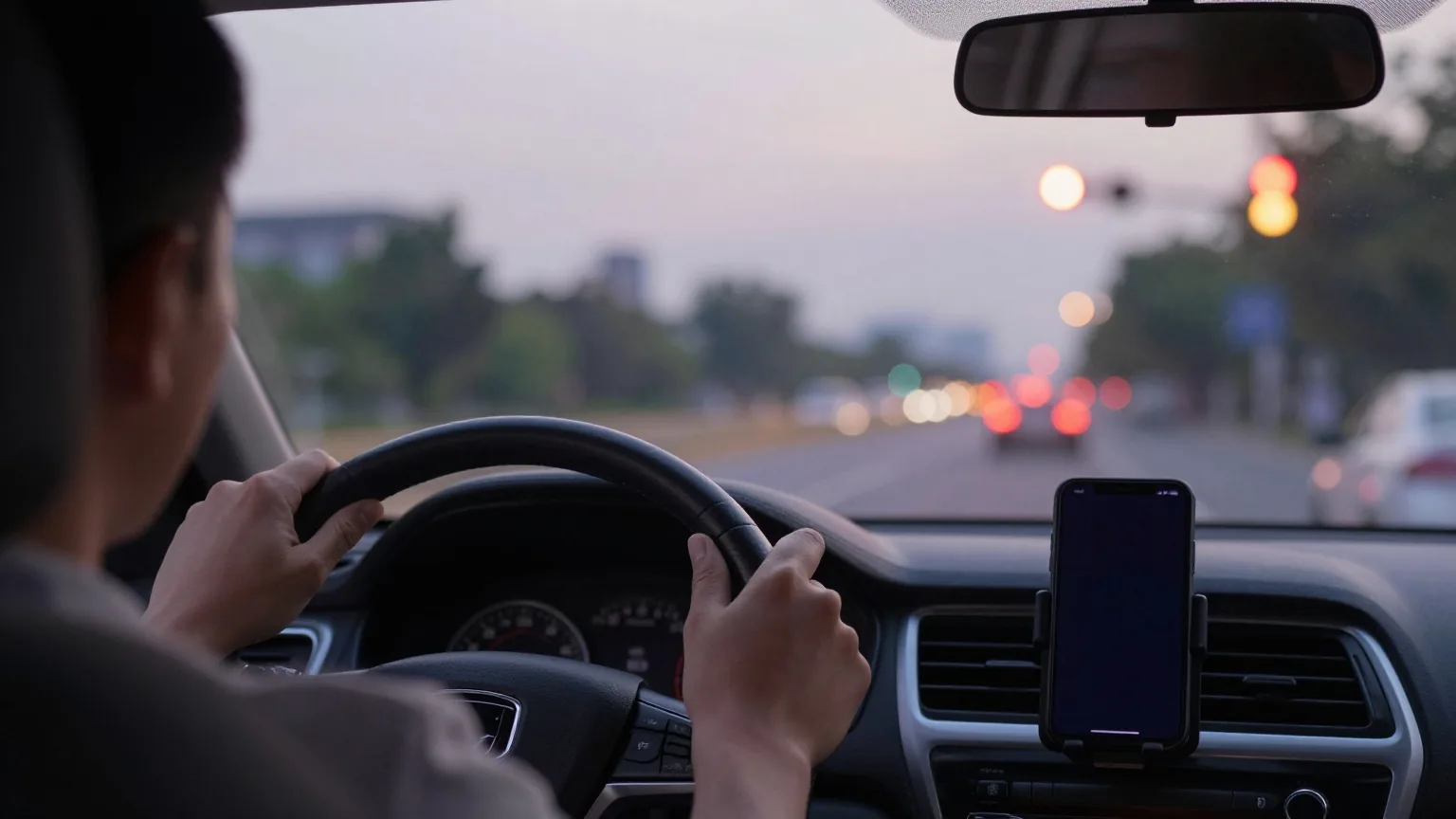 Blick von der Rückbank auf Hände am Lenkrad an einer roten Ampel, ein Smartphone mit dunklem Display steckt in der Halterung