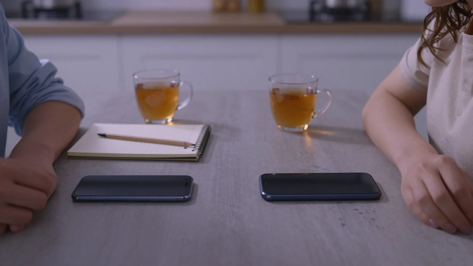 Paar am Küchentisch vergleicht zwei Smartphones, die mit dem Display nach unten zwischen ihnen liegen, daneben Notizblock und Tee