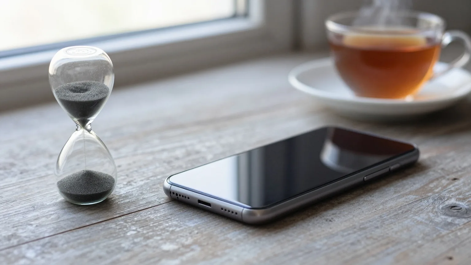 Smartphone liegt umgedreht auf einem Holztisch neben einer kleinen Sanduhr, im Hintergrund eine Tasse Tee