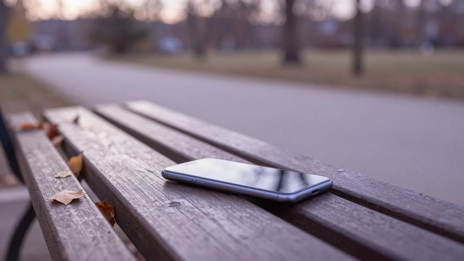 Ein vergessenes Smartphone liegt umgedreht auf einer Parkbank mit Herbstlaub, im Hintergrund ein leerer Weg