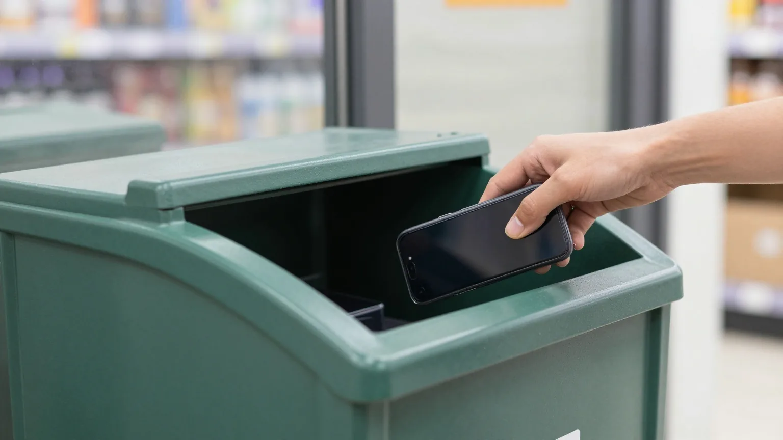 Hand wirft ein altes Smartphone in eine grüne Sammelbox für Elektroaltgeräte am Eingang eines Supermarkts