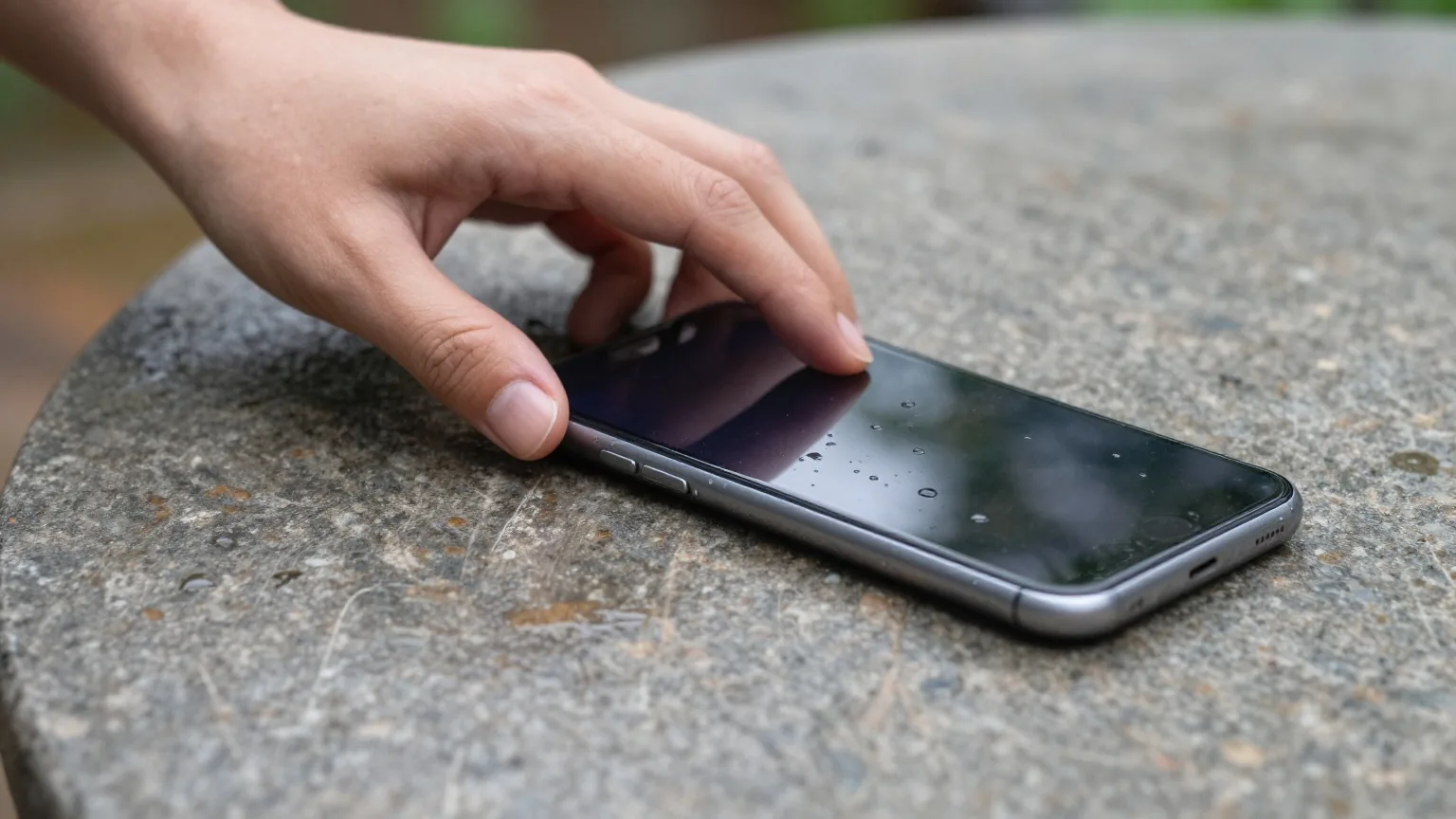 Hand greift nach einem Smartphone mit Regentropfen auf einem nassen Gartentisch aus Stein