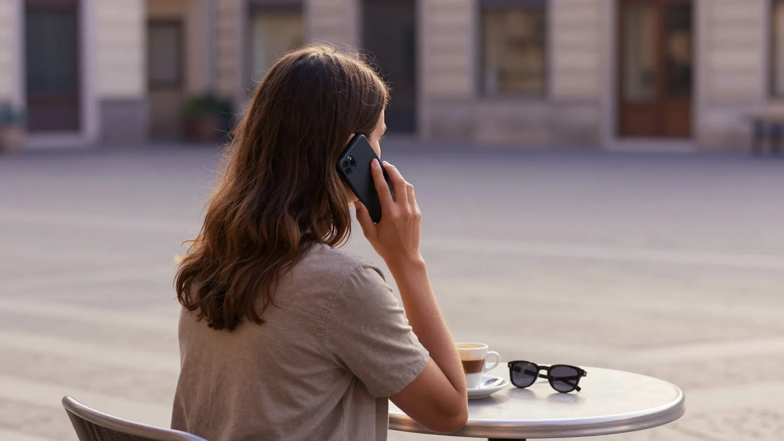 Junge Frau sitzt von hinten gesehen an einem Cafétisch auf einem südlichen Platz und hält ein Smartphone ans rechte Ohr