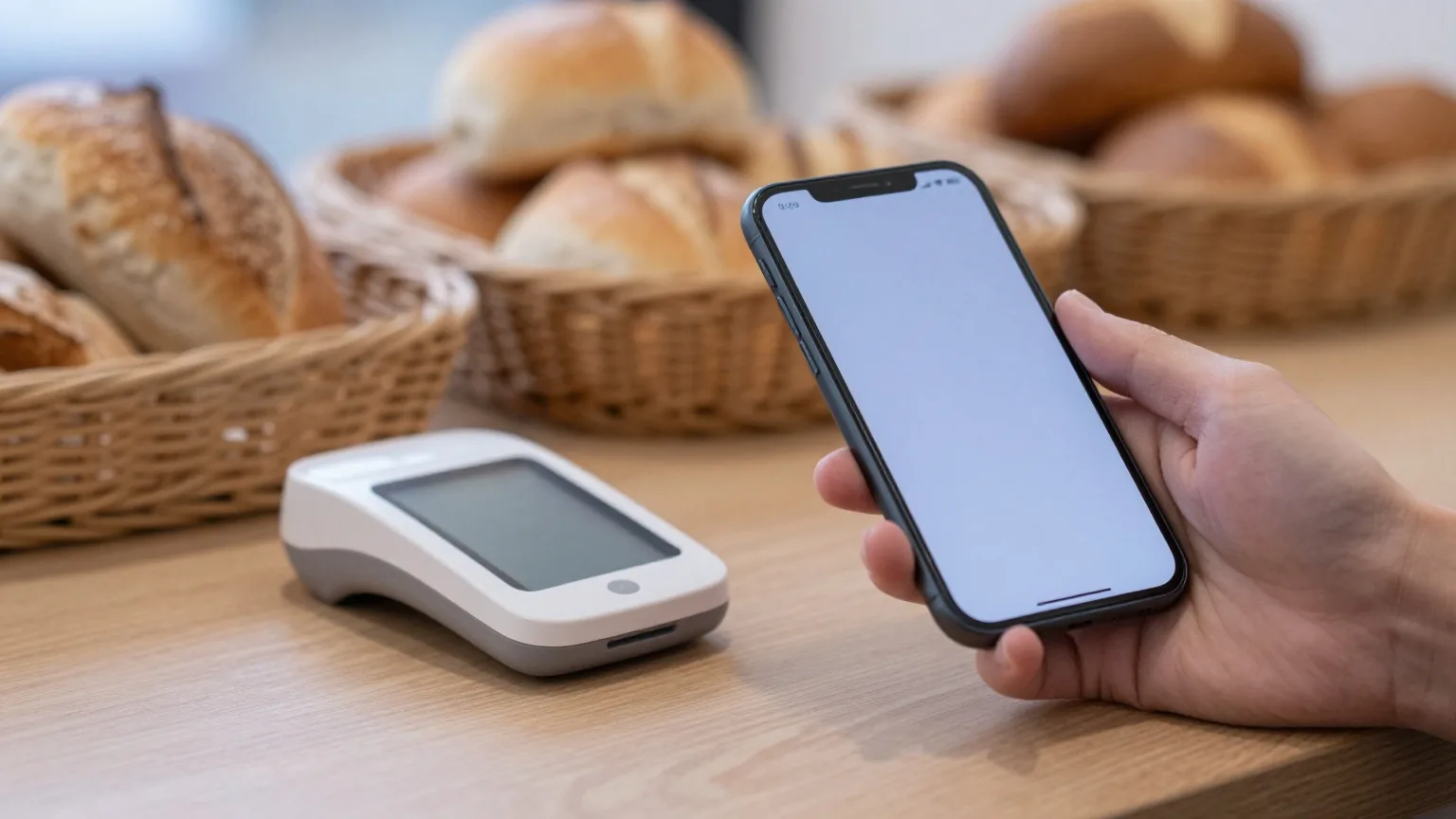 Hand hält ein Smartphone mit der Rückseite zur Kamera an ein kleines weißes Kartenlesegerät auf einer Bäckertheke