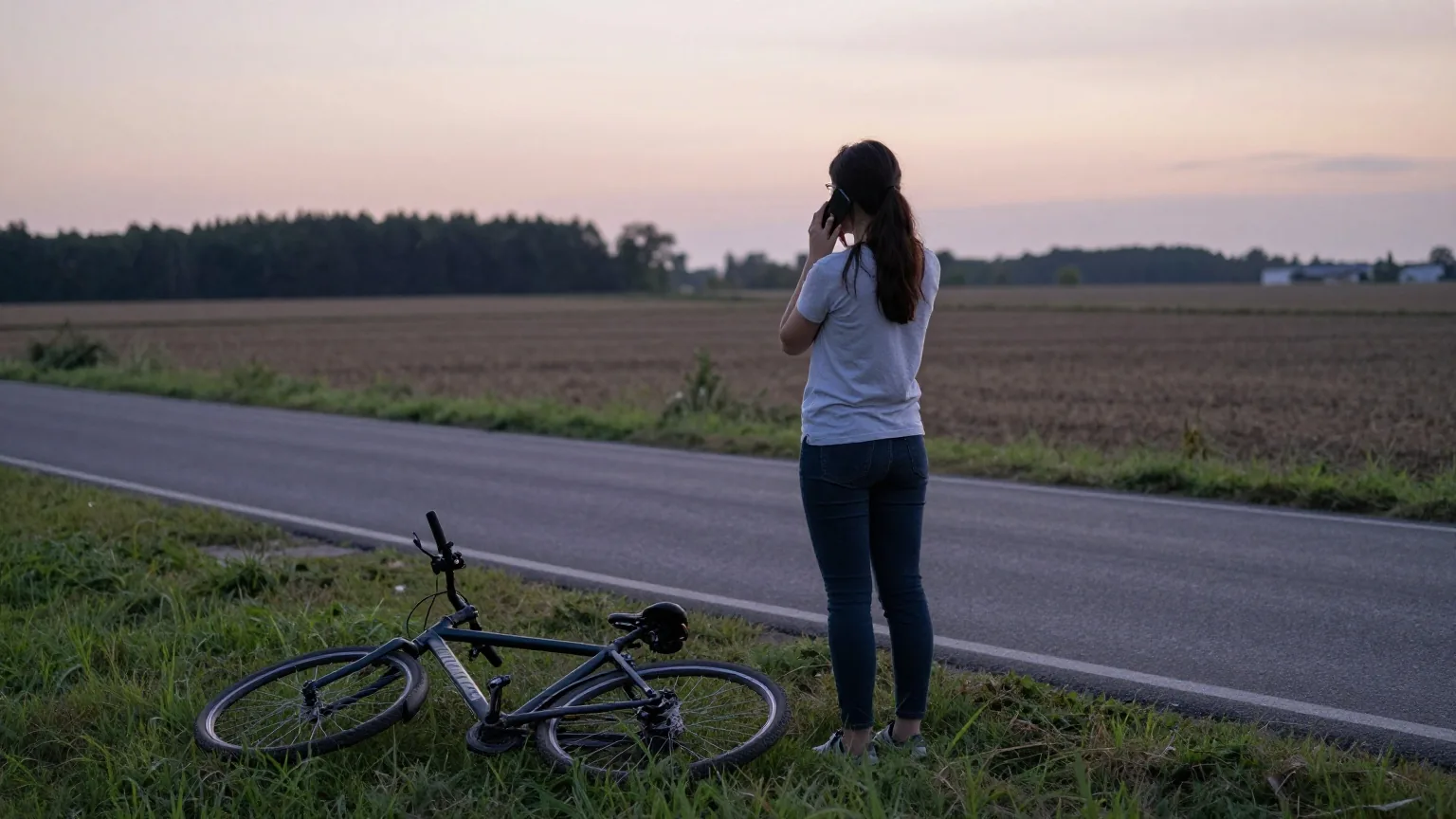 Junge Frau steht von hinten gesehen in der Dämmerung an einer Landstraße und telefoniert, neben ihr liegt ein Fahrrad im Gras