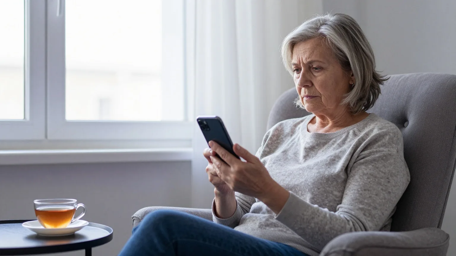 Ältere Frau sitzt im Sessel am Fenster und betrachtet skeptisch ihr Smartphone, dessen Display abgewandt ist
