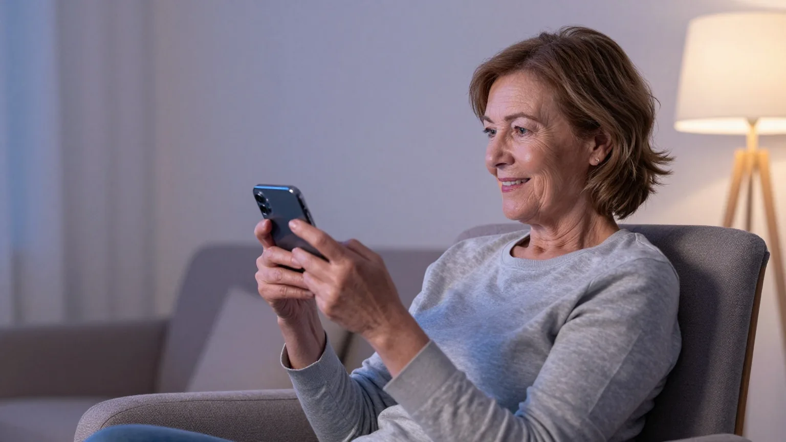 Ältere Frau sitzt im Sessel und hält ein Smartphone quer mit beiden Händen, die Rückseite zeigt zur Kamera