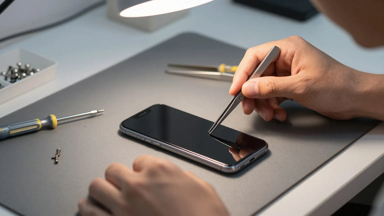 Hände mit Pinzette arbeiten an einem geöffneten Smartphone auf einer Werkbank, daneben Schraubendreher und Teileschalen