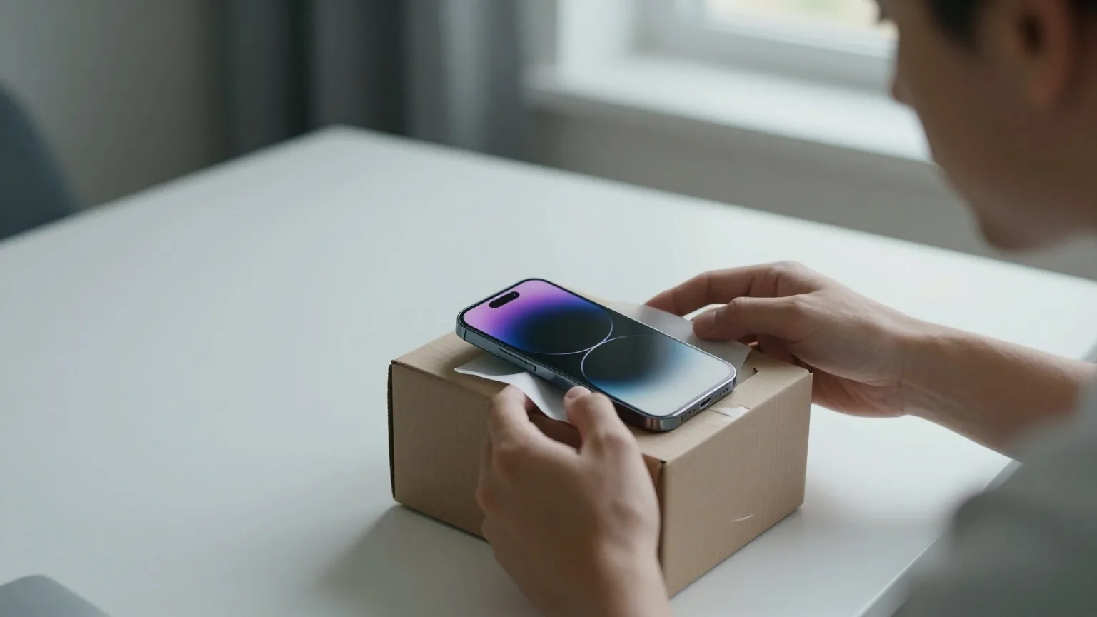 Junger Mann packt am Schreibtisch ein generalüberholtes Smartphone aus einem schlichten braunen Karton aus