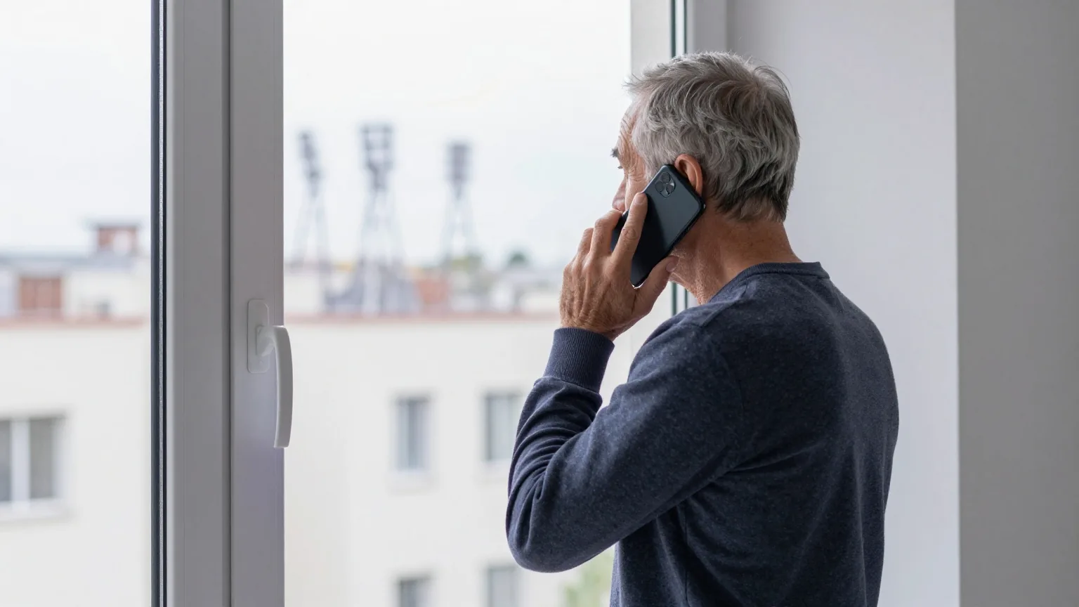 Älterer Mann steht am hellen Fenster und hält ein Smartphone ans rechte Ohr, in der Ferne Mobilfunkmasten auf Dächern