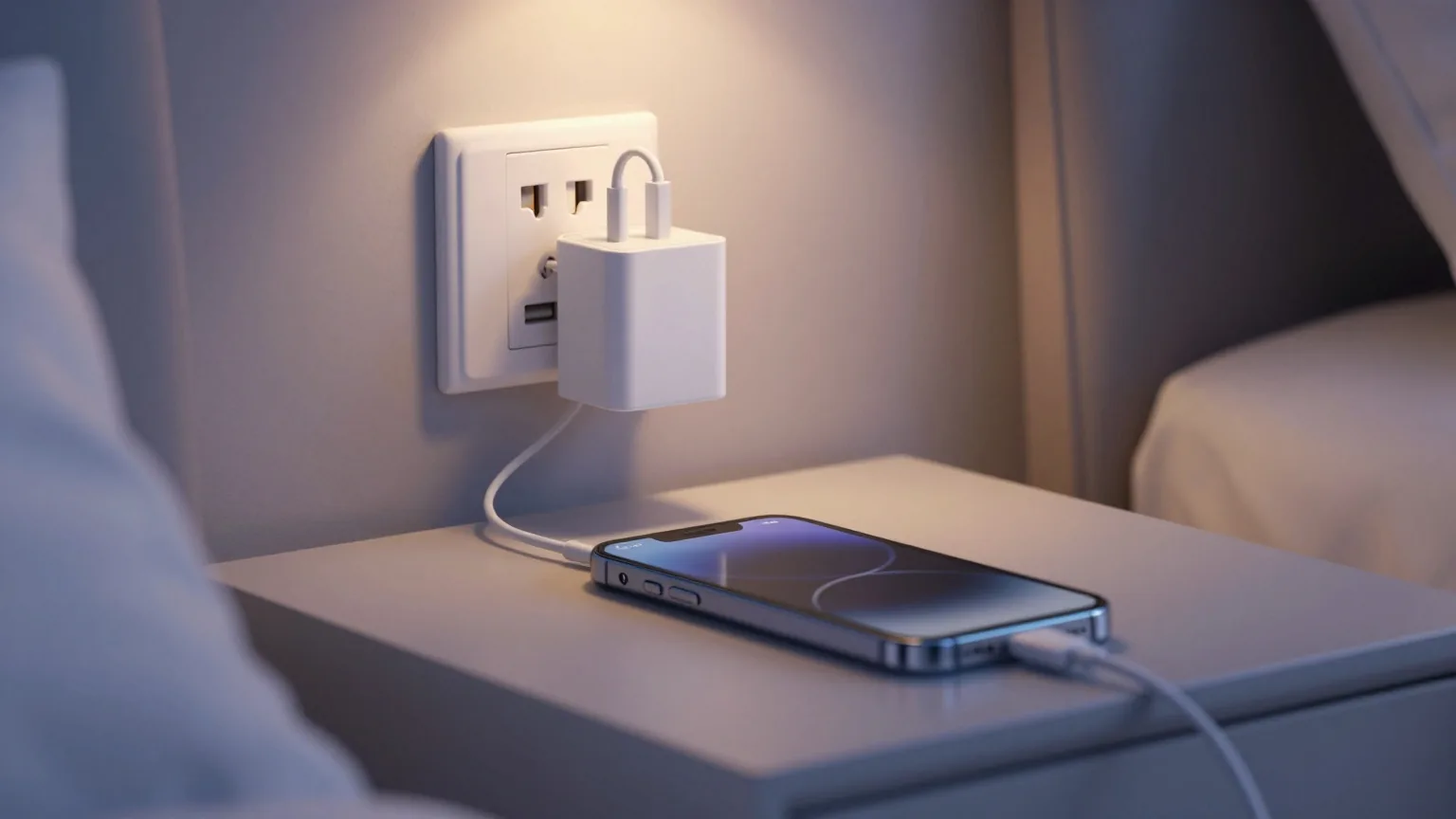 Smartphone liegt auf dem Nachttisch und lädt über ein weißes Kabel an einem kompakten Netzteil
