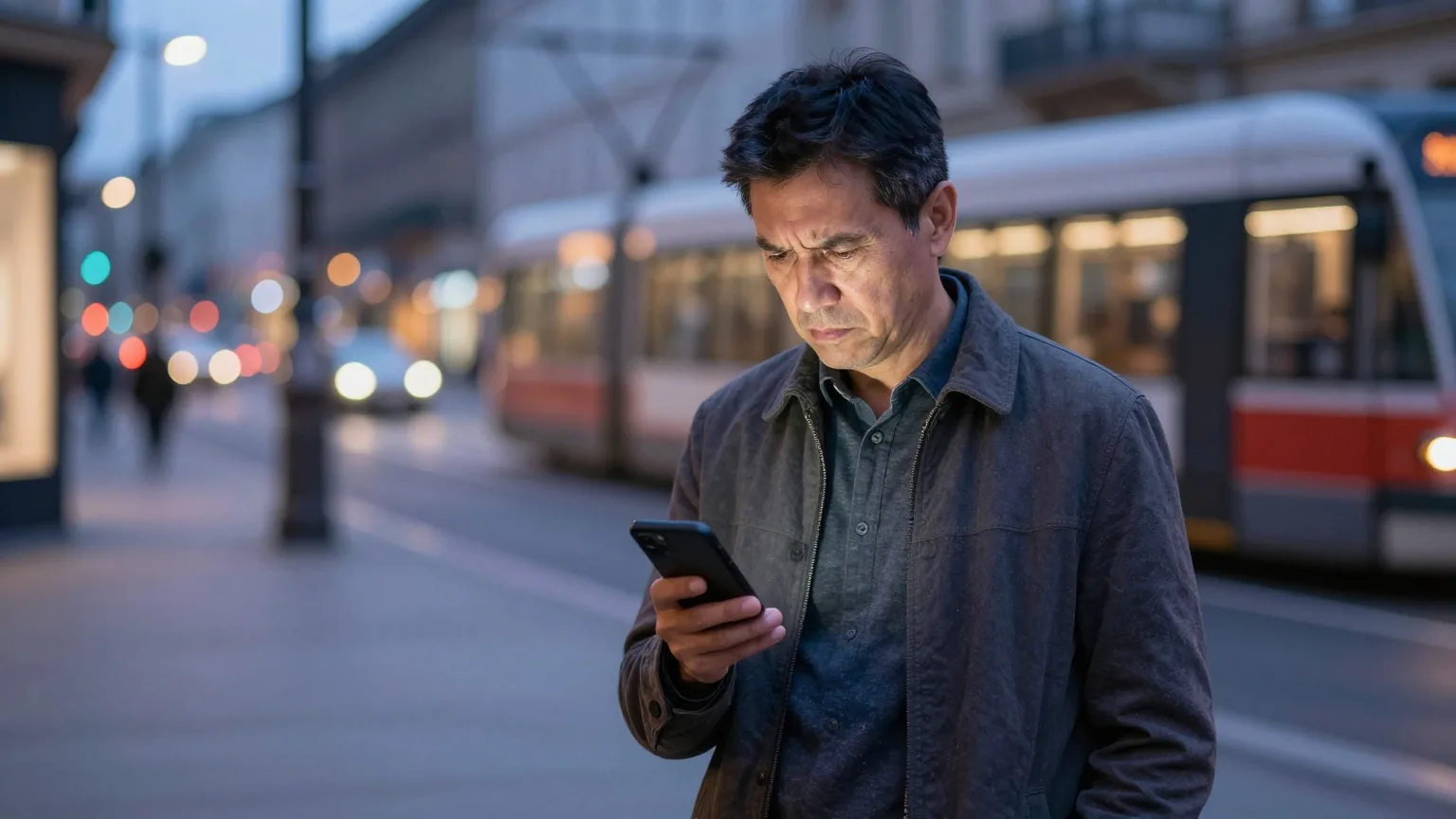 Mann steht in der Abenddämmerung auf einem Gehweg und blickt stirnrunzelnd auf sein Smartphone, dessen Display abgewandt ist