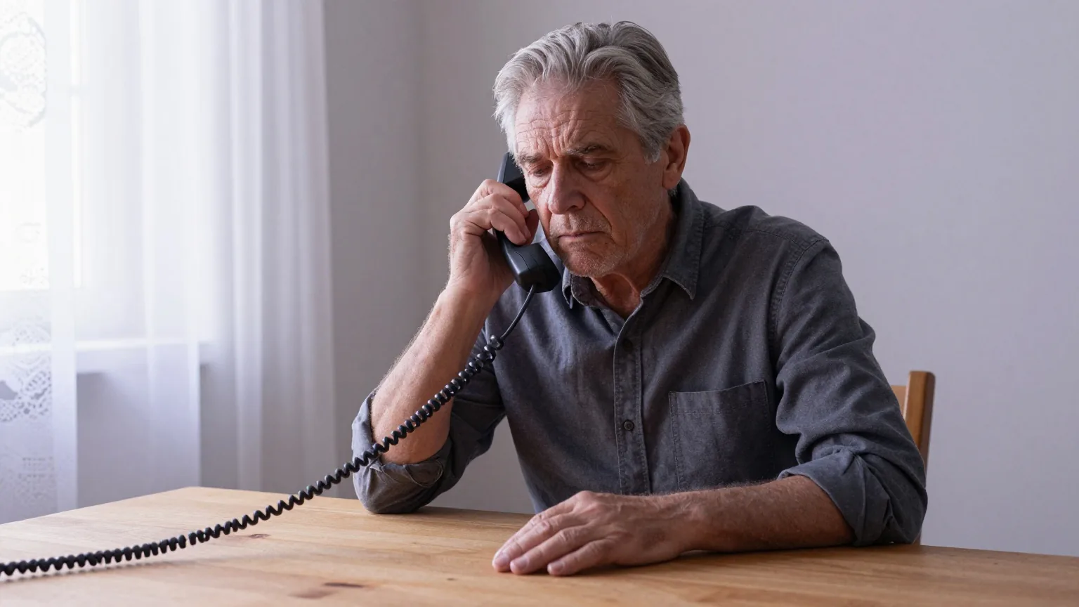 Älterer Mann sitzt am Esstisch, hält einen schnurlosen Telefonhörer ans Ohr und blickt besorgt