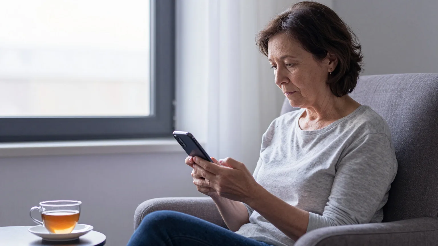 Ältere Frau sitzt im Sessel am Fenster und blickt auf ein Smartphone, daneben eine Tasse Tee