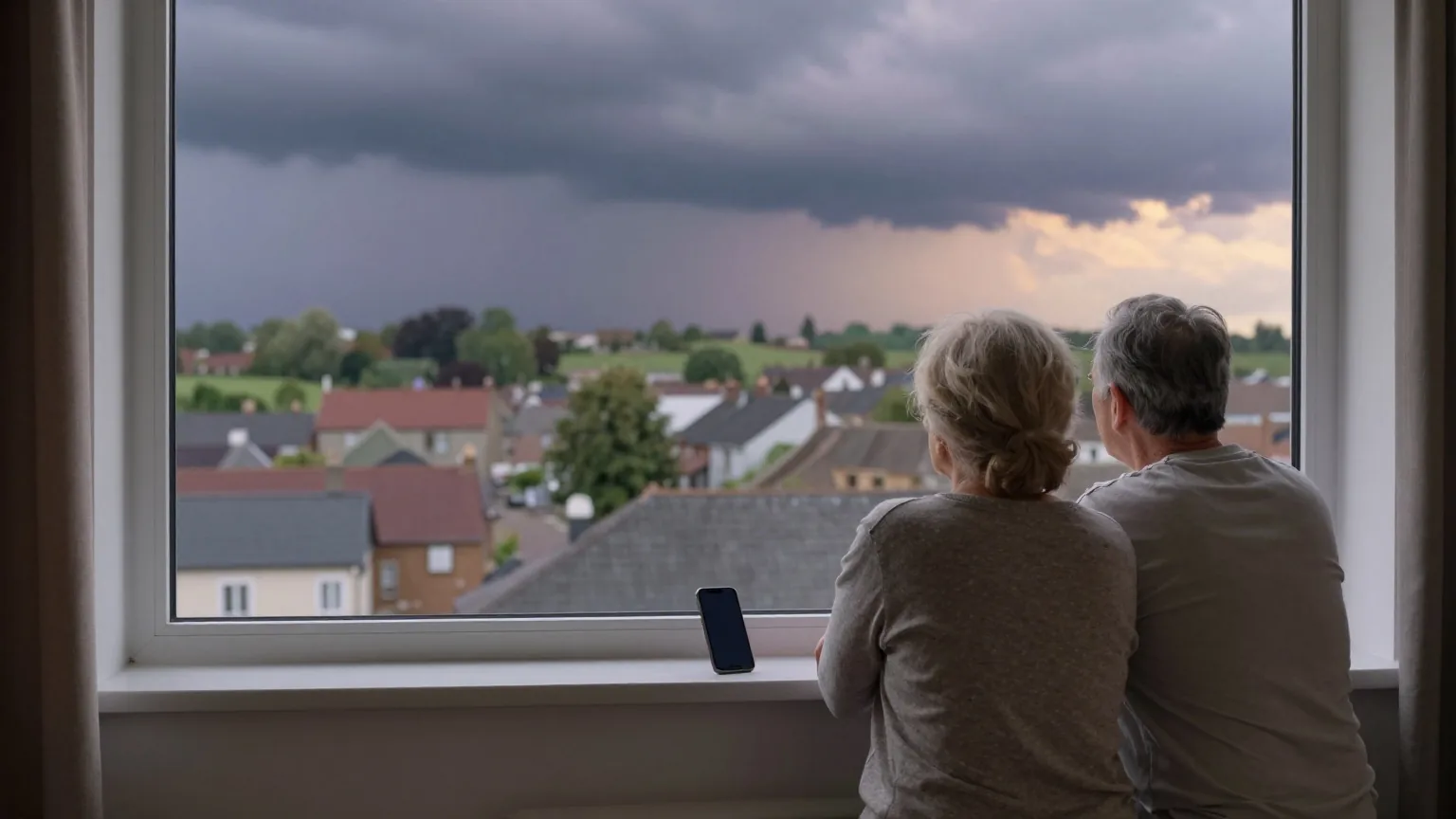 Älteres Paar steht von hinten gesehen am Fenster und beobachtet Gewitterwolken über den Dächern, auf der Fensterbank liegt ein Smartphone