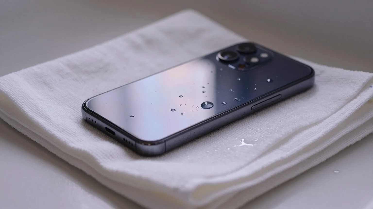 Nasses Smartphone liegt mit dem Display nach unten auf einem gefalteten Küchentuch neben der Spüle, Wassertropfen auf der Rückseite