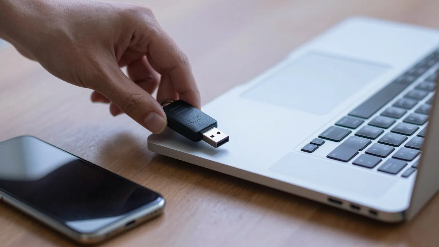 Hand steckt einen kleinen USB-Sicherheitsschlüssel in einen zugeklappten Laptop, daneben liegt ein Smartphone mit dem Display nach unten