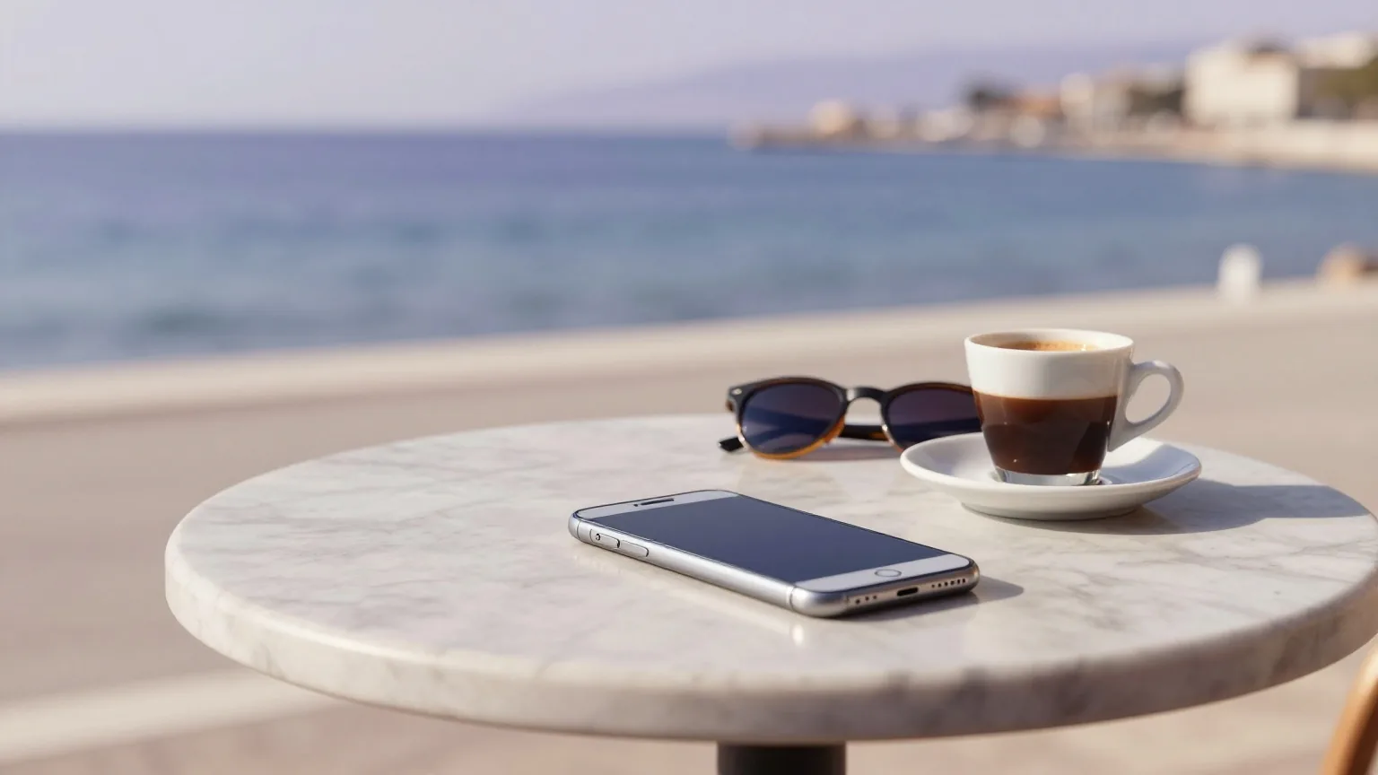 Smartphone liegt mit dem Display nach unten auf einem Bistrotisch am Meer, daneben Sonnenbrille und Espressotasse