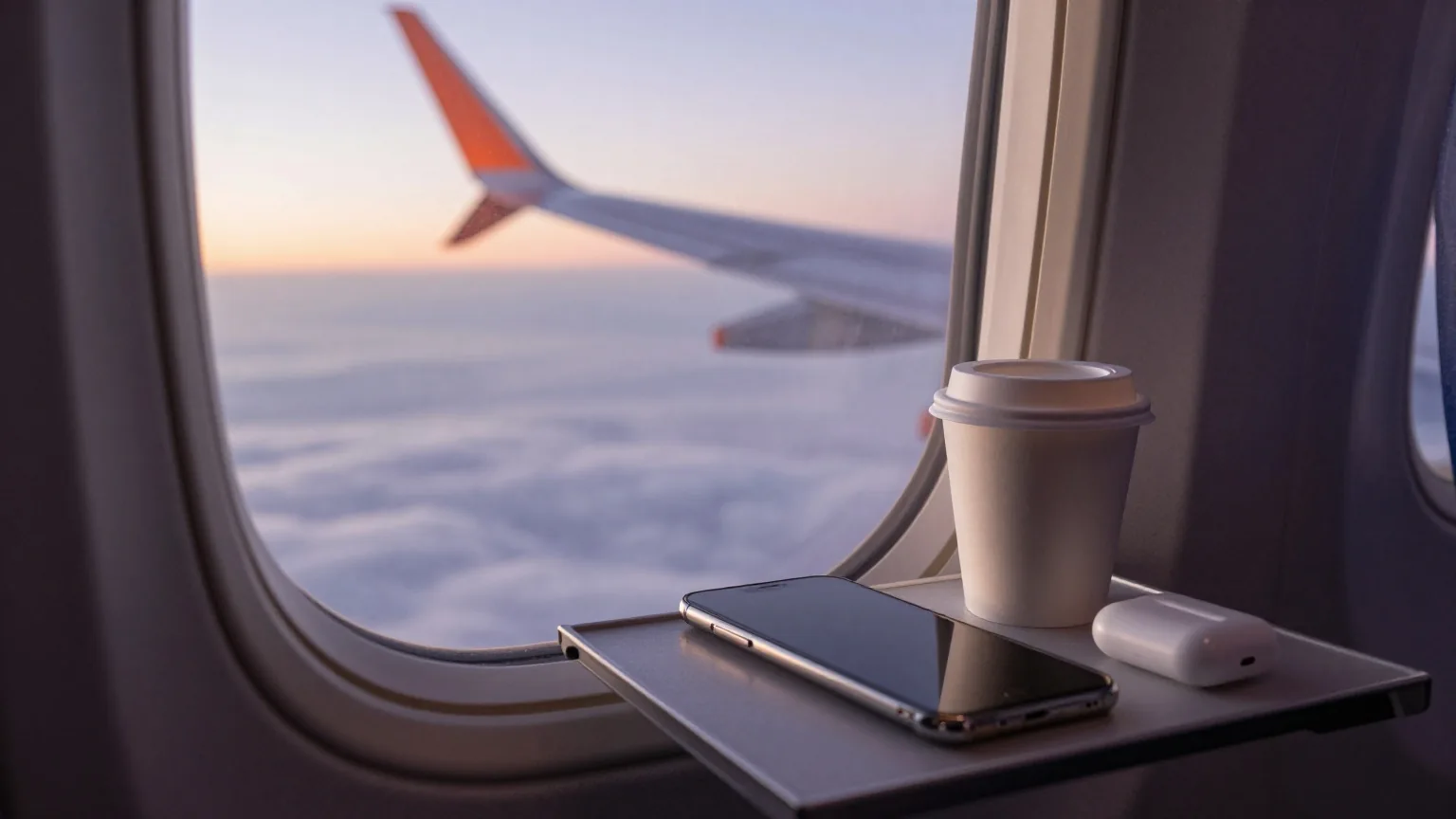 Blick aus dem Flugzeugfenster auf ein Wolkenmeer bei Sonnenaufgang, auf dem Klapptisch liegt ein Smartphone neben einem Kaffeebecher