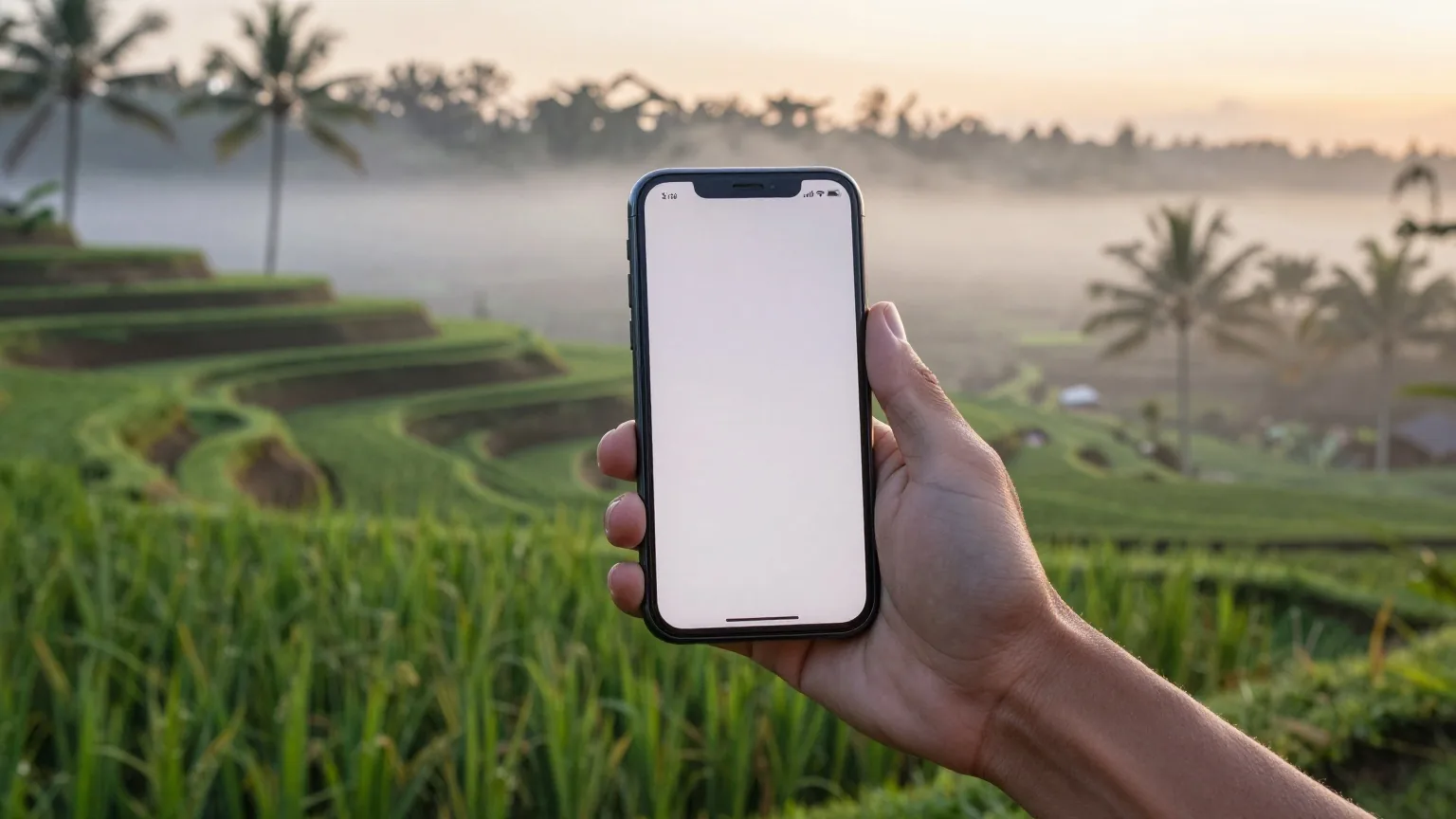 Hände halten ein Smartphone mit der Rückseite zur Kamera vor Reisterrassen auf Bali bei Sonnenaufgang