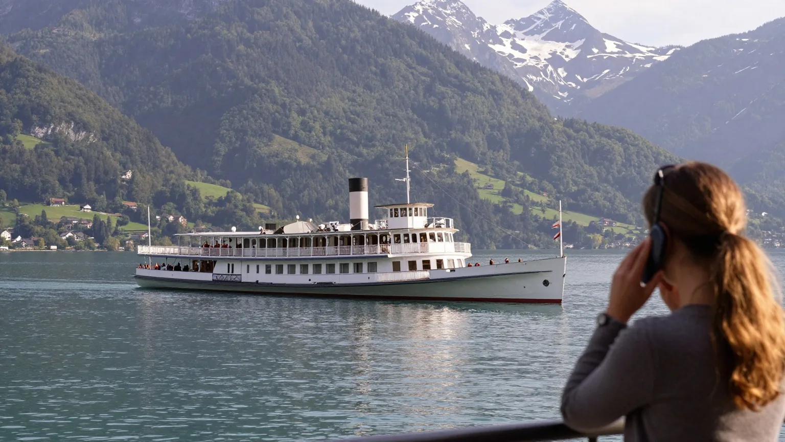 Historischer Raddampfer auf einem Schweizer See vor steilen Bergen, an der Reling telefoniert eine Frau