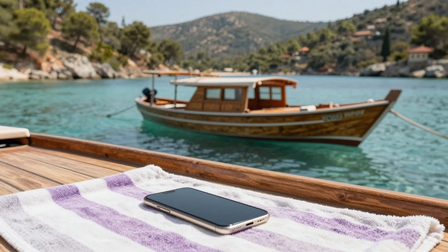 Hölzernes Ausflugsboot in einer türkisblauen Bucht an der türkischen Ägäisküste, vorn liegt ein Smartphone auf einem Handtuch