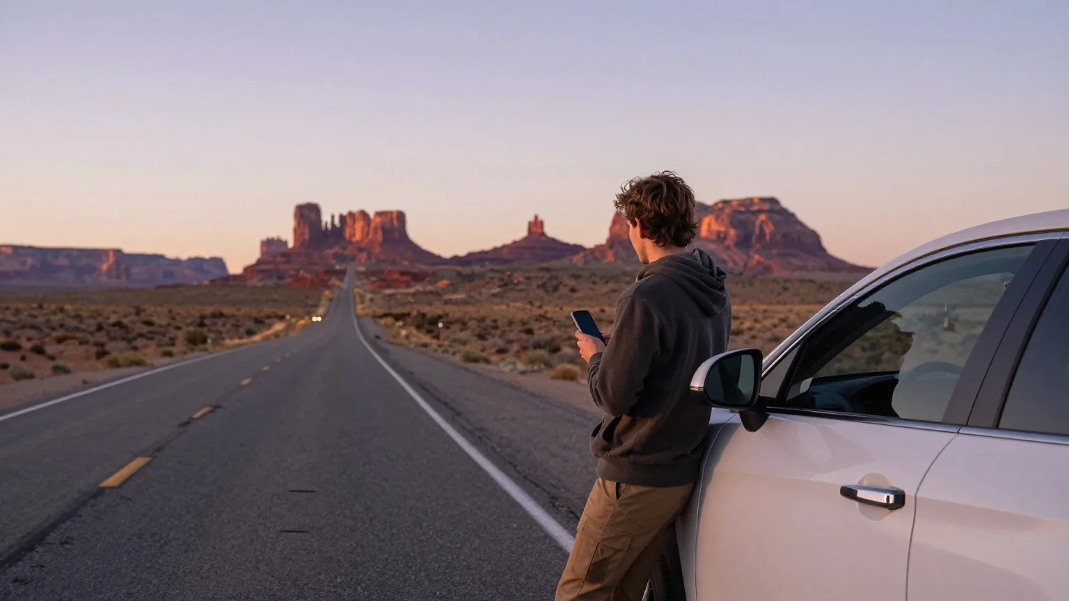 Reisende lehnt von hinten gesehen an einem Mietwagen auf einer Wüstenstraße im Südwesten der USA, dahinter rote Felsen