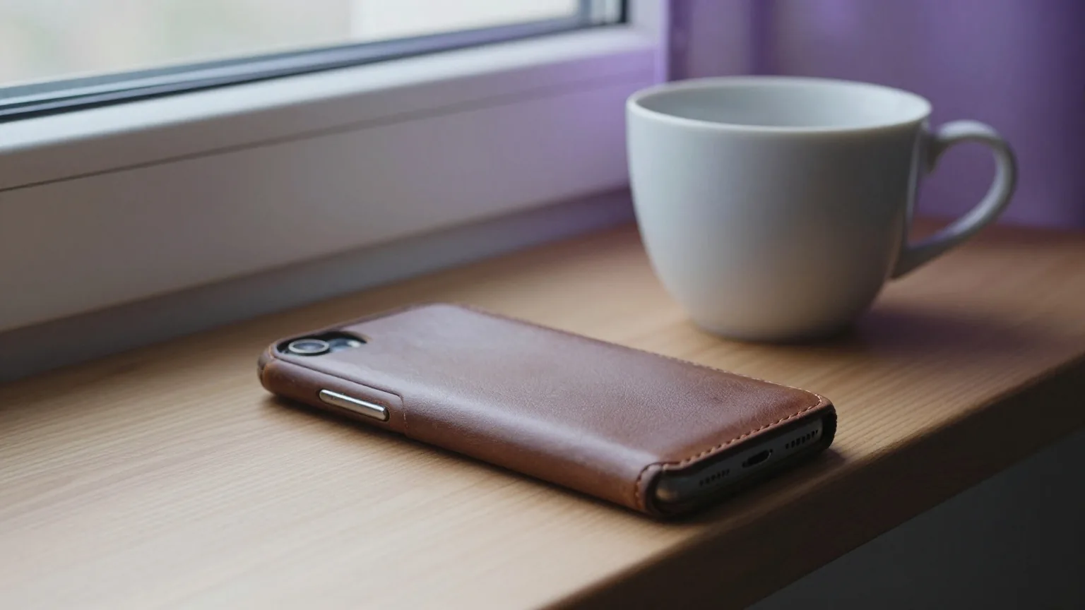 Älteres Smartphone in abgenutzter Lederhülle liegt mit der Rückseite nach oben auf einer sonnigen Fensterbank neben einer Kaffeetasse