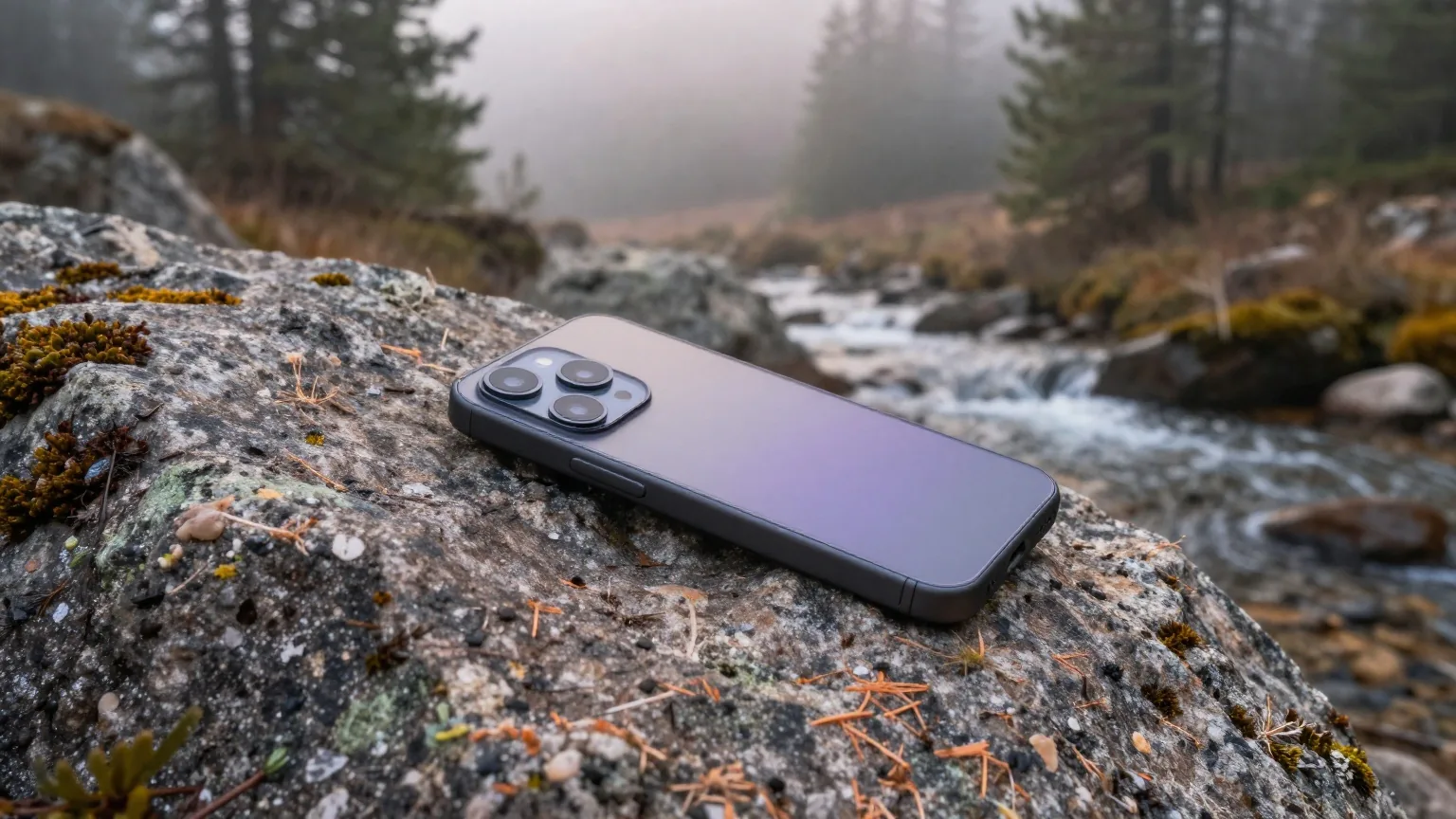 Robustes Smartphone liegt auf einem bemoosten Felsen an einem Gebirgsbach, im Hintergrund Nebel zwischen Kiefern