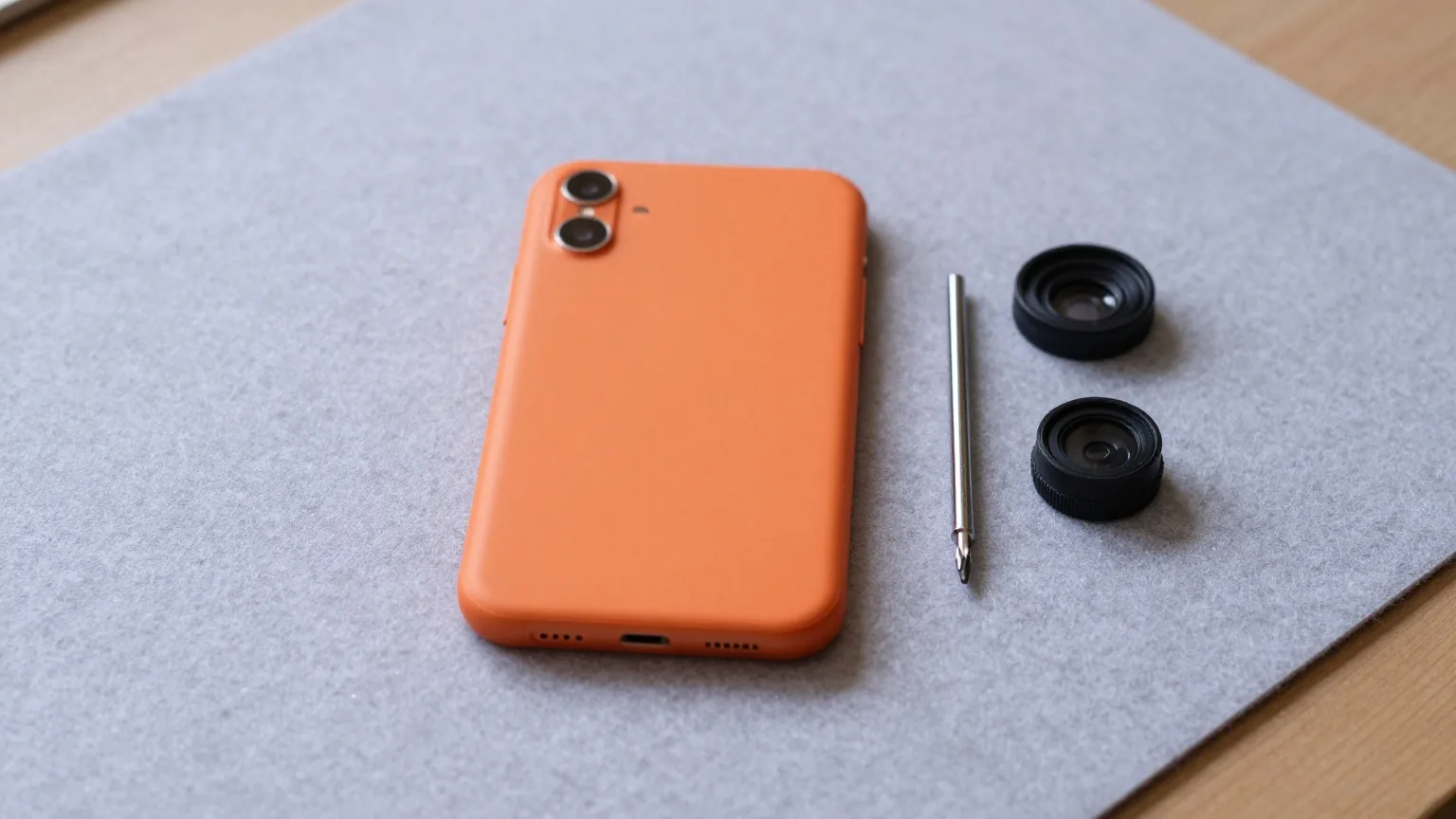 Smartphone mit orangefarbener Rückseite und sichtbaren Schrauben liegt auf einer grauen Filzmatte, daneben ein kleiner Schraubendreher