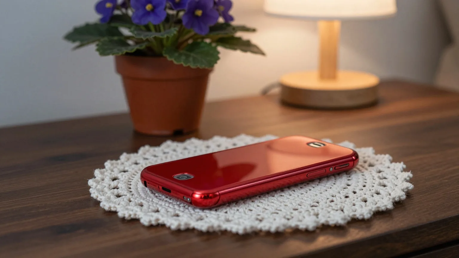 Zugeklapptes rotes Klapphandy liegt auf einer Häkeldecke auf einer Holzkommode, dahinter ein Usambaraveilchen