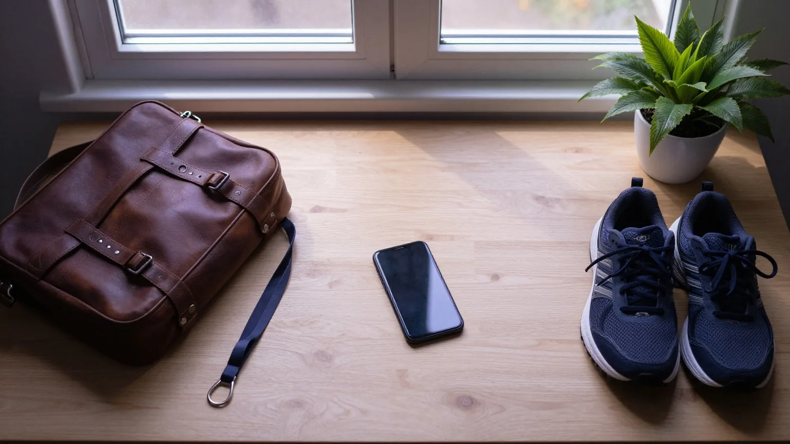 Schreibtisch im Sonnenstreifen mit Laptoptasche auf der einen und Laufschuhen auf der anderen Seite, dazwischen ein Smartphone