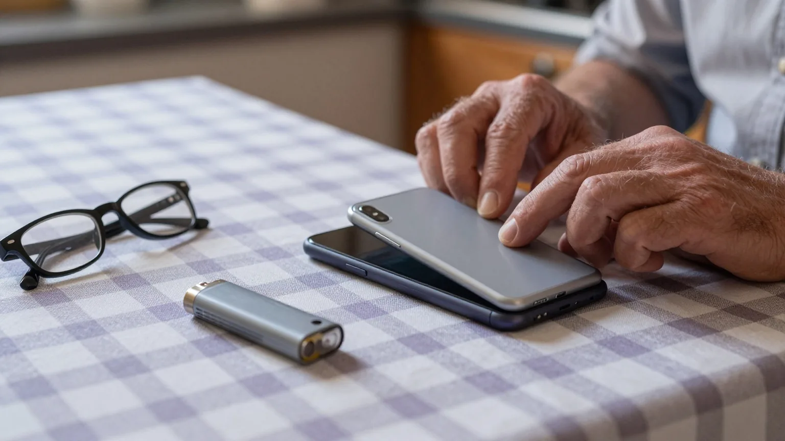 Ältere Hände nehmen den Rückdeckel eines kompakten Smartphones ab, daneben liegen ein Ersatzakku und eine Lesebrille