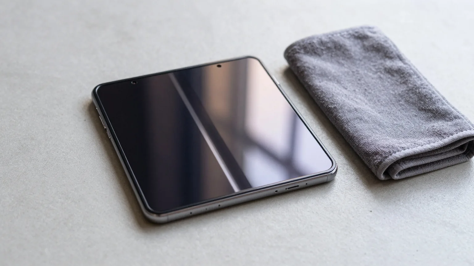 Aufgeklapptes faltbares Smartphone mit dunklem Display liegt flach auf einem hellen Betontisch, daneben ein Mikrofasertuch