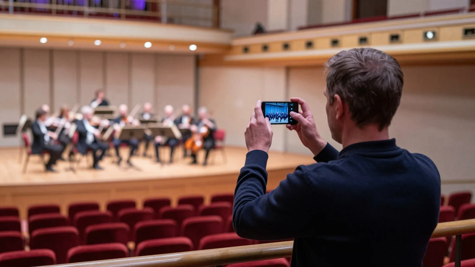 Mann von hinten auf dem Balkon eines Konzertsaals filmt mit hochgehaltenem Smartphone das Orchester im warmen Bühnenlicht