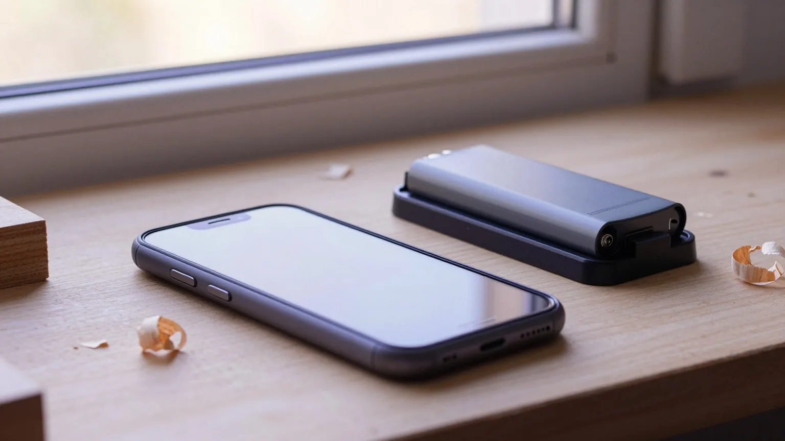 Robustes Smartphone liegt mit der Rückseite nach oben auf einer Hobelbank, daneben Akkudeckel und Ersatzakku in einer Ladeschale