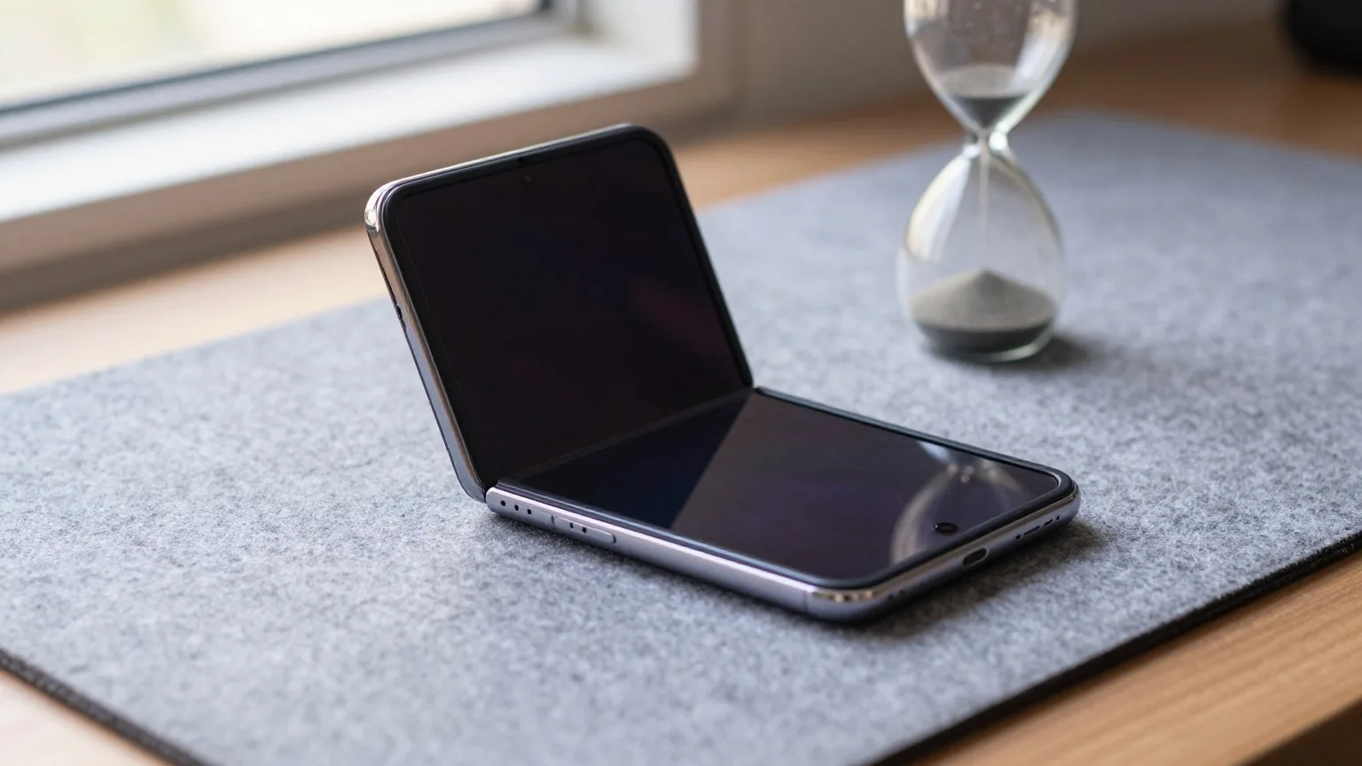 Zugeklapptes Klapp-Smartphone liegt auf grauem Filz neben einer kleinen Sanduhr mit rieselndem Sand