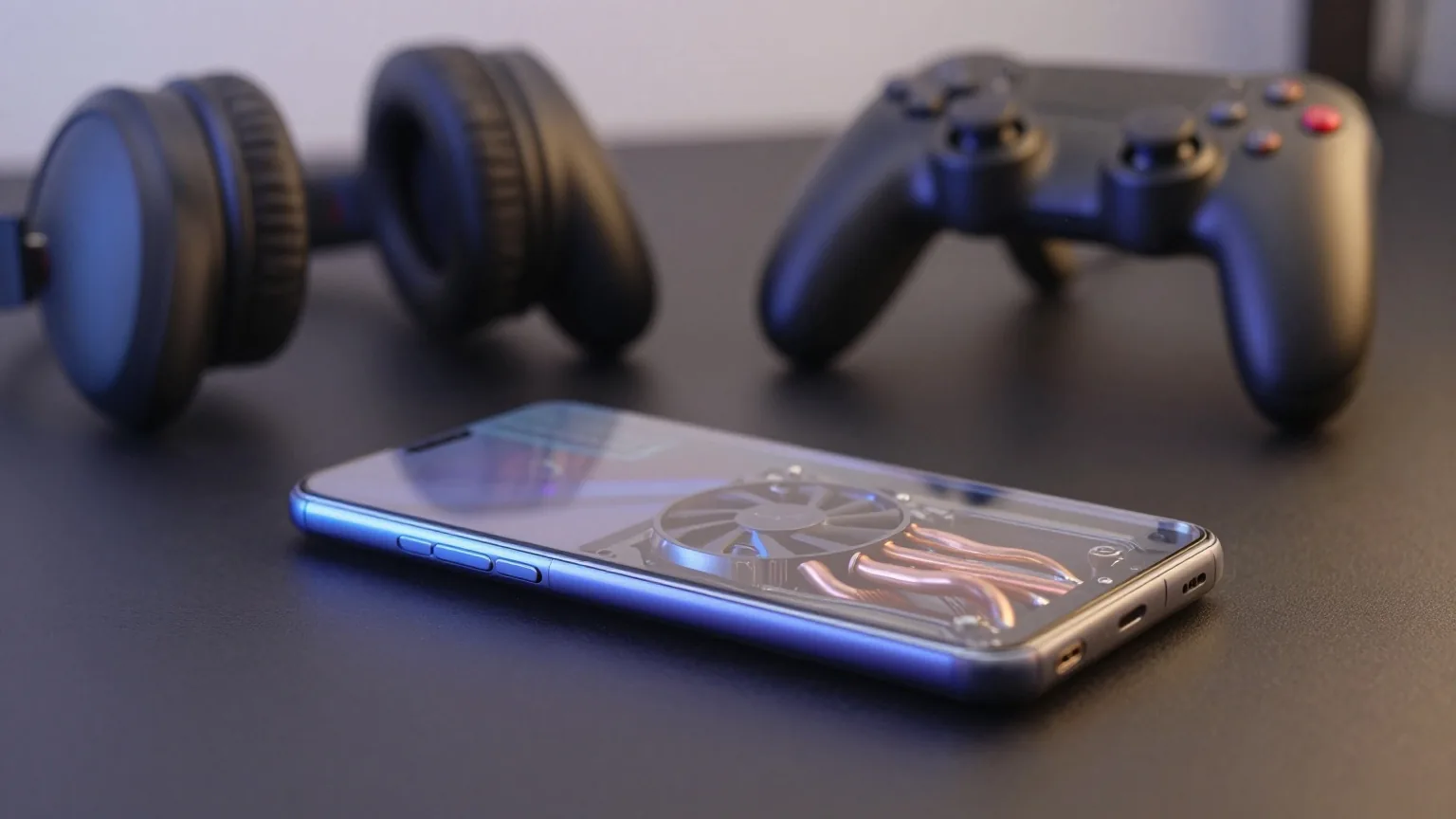 Spielehandy mit durchsichtiger Rückseite und kleinem Lüfter liegt auf einem dunklen Schreibtisch, dahinter Controller und Kopfhörer