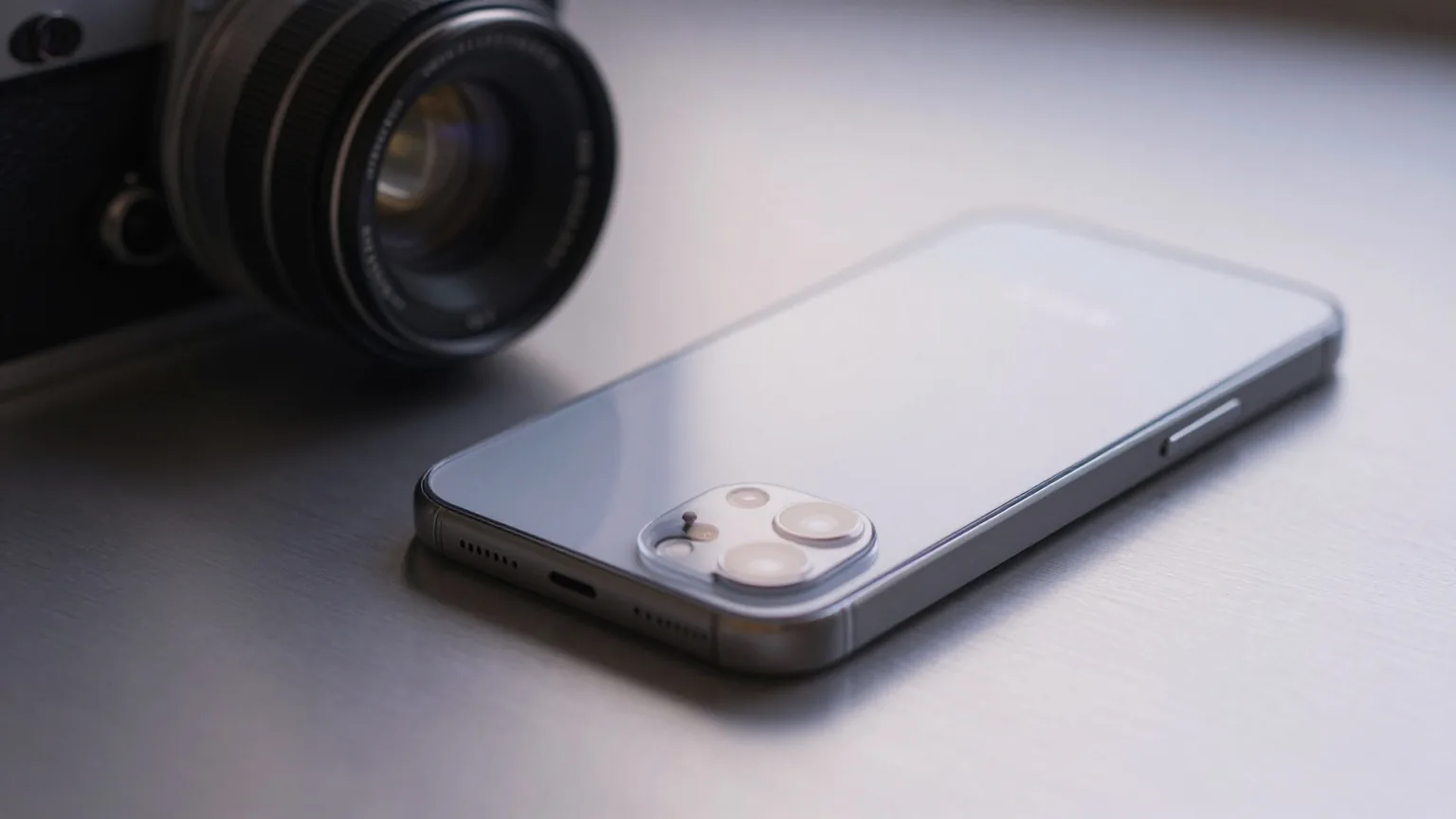 Smartphone mit großem runden Kameramodul liegt auf gebürstetem Aluminium neben einem alten Kameraobjektiv