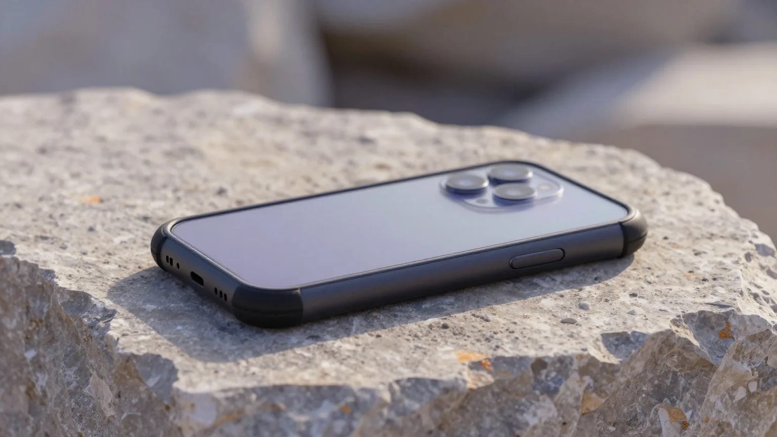 Robustes Smartphone mit Gummiecken liegt mit der Rückseite nach oben auf einem staubigen Kalksteinblock in einem Steinbruch