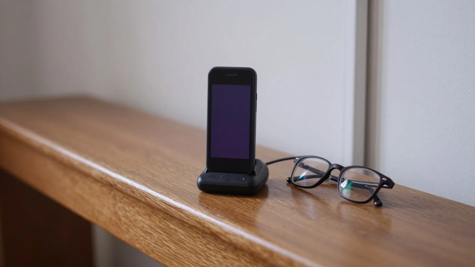Einfaches Mobiltelefon mit dunklem Display steht in seiner Ladeschale auf einer alten Telefonbank im Flur, daneben eine Lesebrille