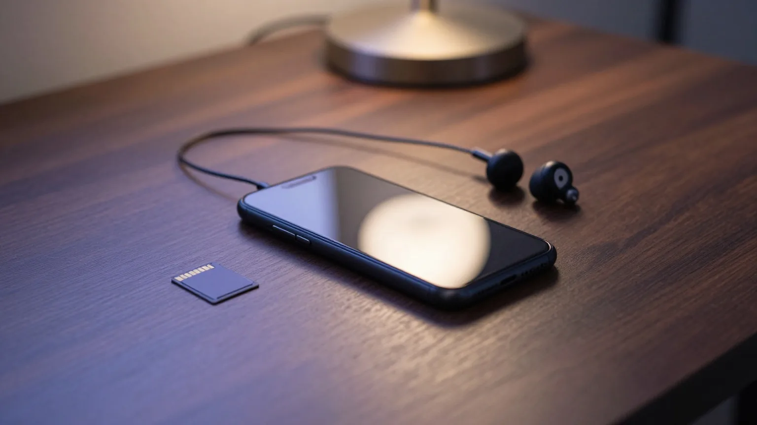 Schwarzes Smartphone liegt auf einem Walnussschreibtisch, daneben kabelgebundene Kopfhörer und eine kleine Speicherkarte