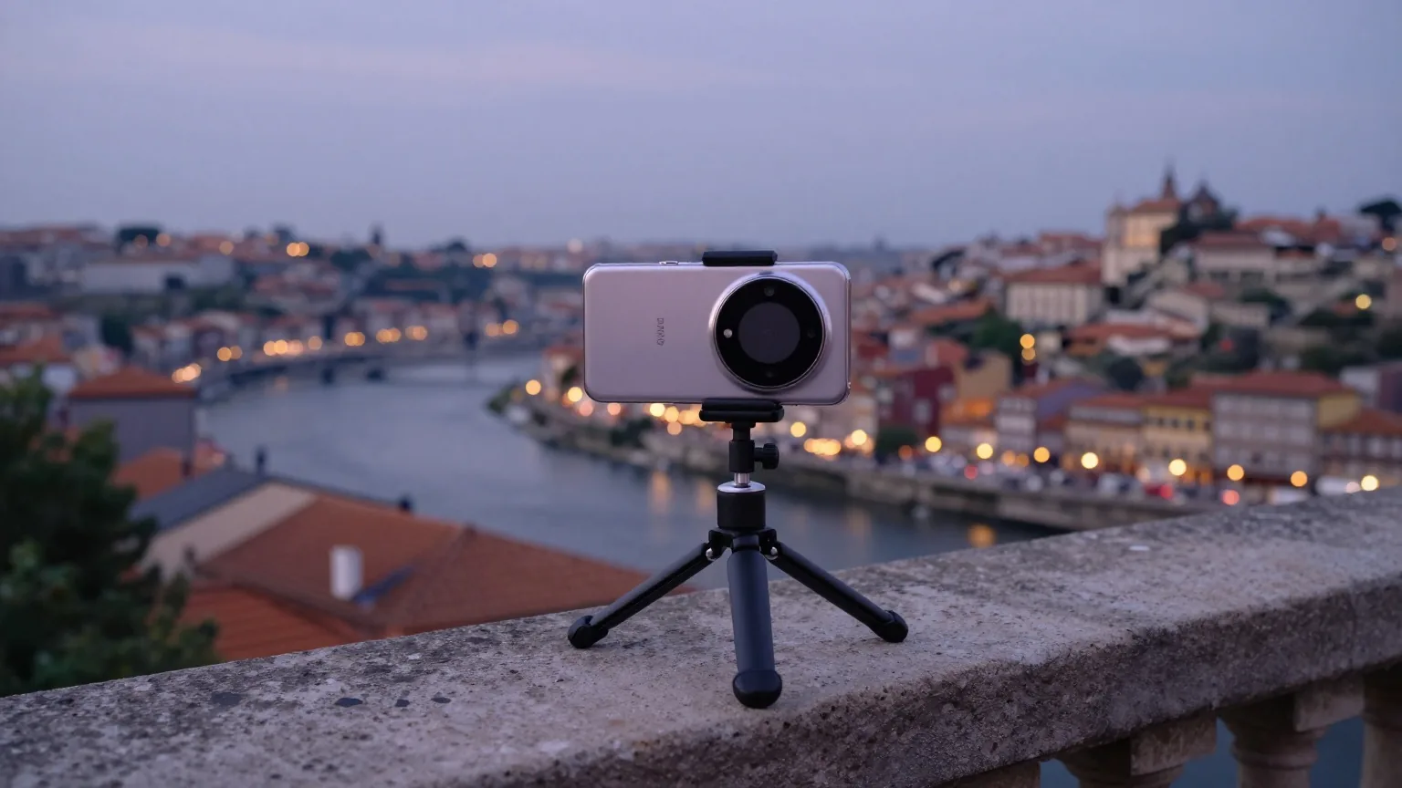 Smartphone auf einem kleinen Stativ an einer Steinbalustrade, von hinten gesehen, mit Blick über Fluss und Altstadtdächer