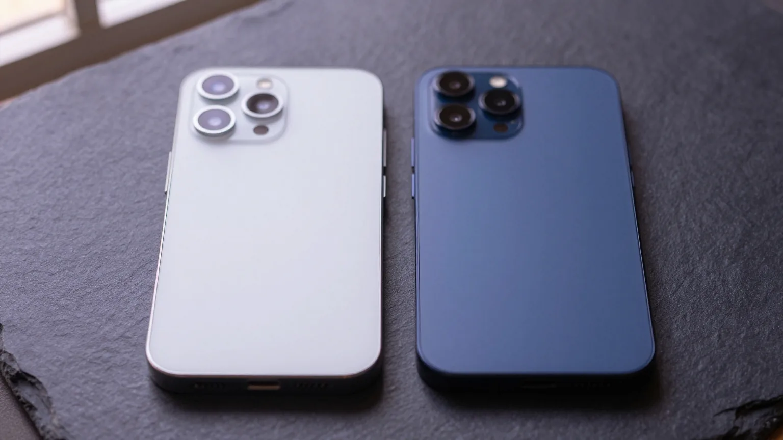 Zwei ähnlich große Smartphones liegen mit weißer und dunkelblauer Rückseite nebeneinander auf einer dunklen Schieferplatte