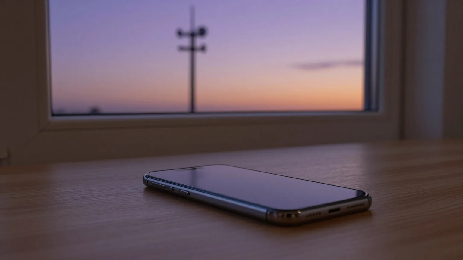 Smartphone liegt mit dunklem Display auf einem Holztisch am Fenster, im Hintergrund unscharf ein Mobilfunkmast in der Abenddämmerung