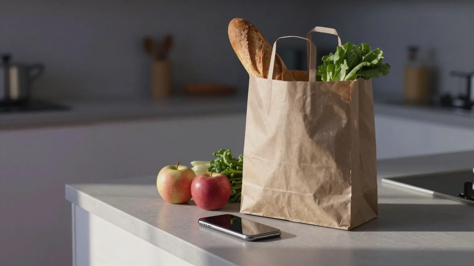 Einkaufstüte mit Brot, Äpfeln und Gemüse auf einer Küchenarbeitsplatte, daneben ein Smartphone