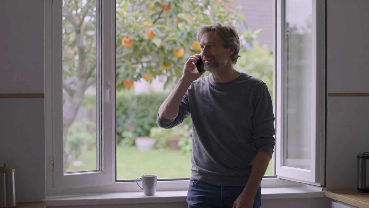 Mann in den Fünfzigern steht am offenen Küchenfenster und telefoniert, auf dem Fensterbrett ein Kaffeebecher