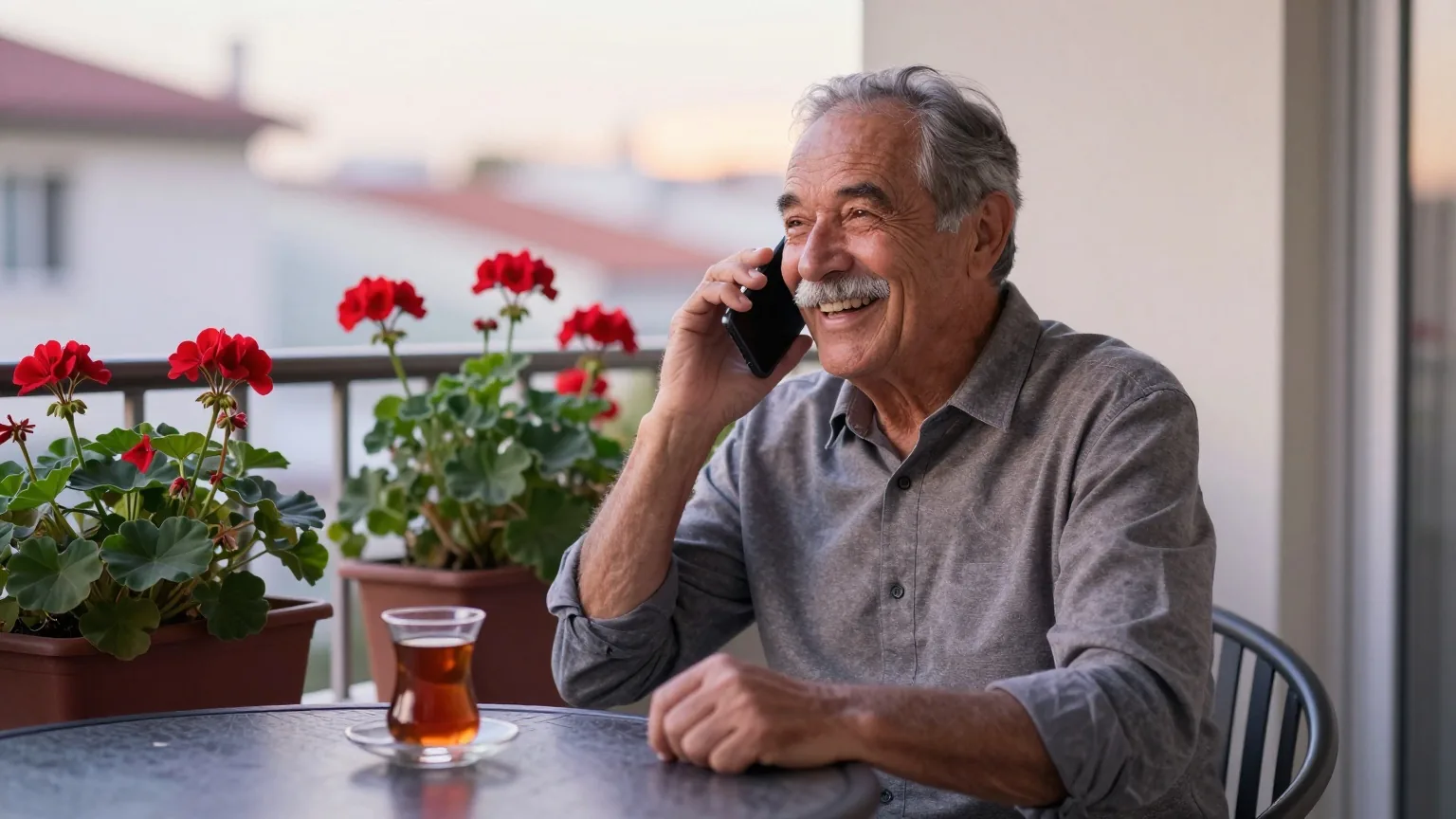 Älterer Mann mit grauem Schnurrbart sitzt auf einem Balkon mit roten Geranien und telefoniert lachend, daneben ein Glas Tee