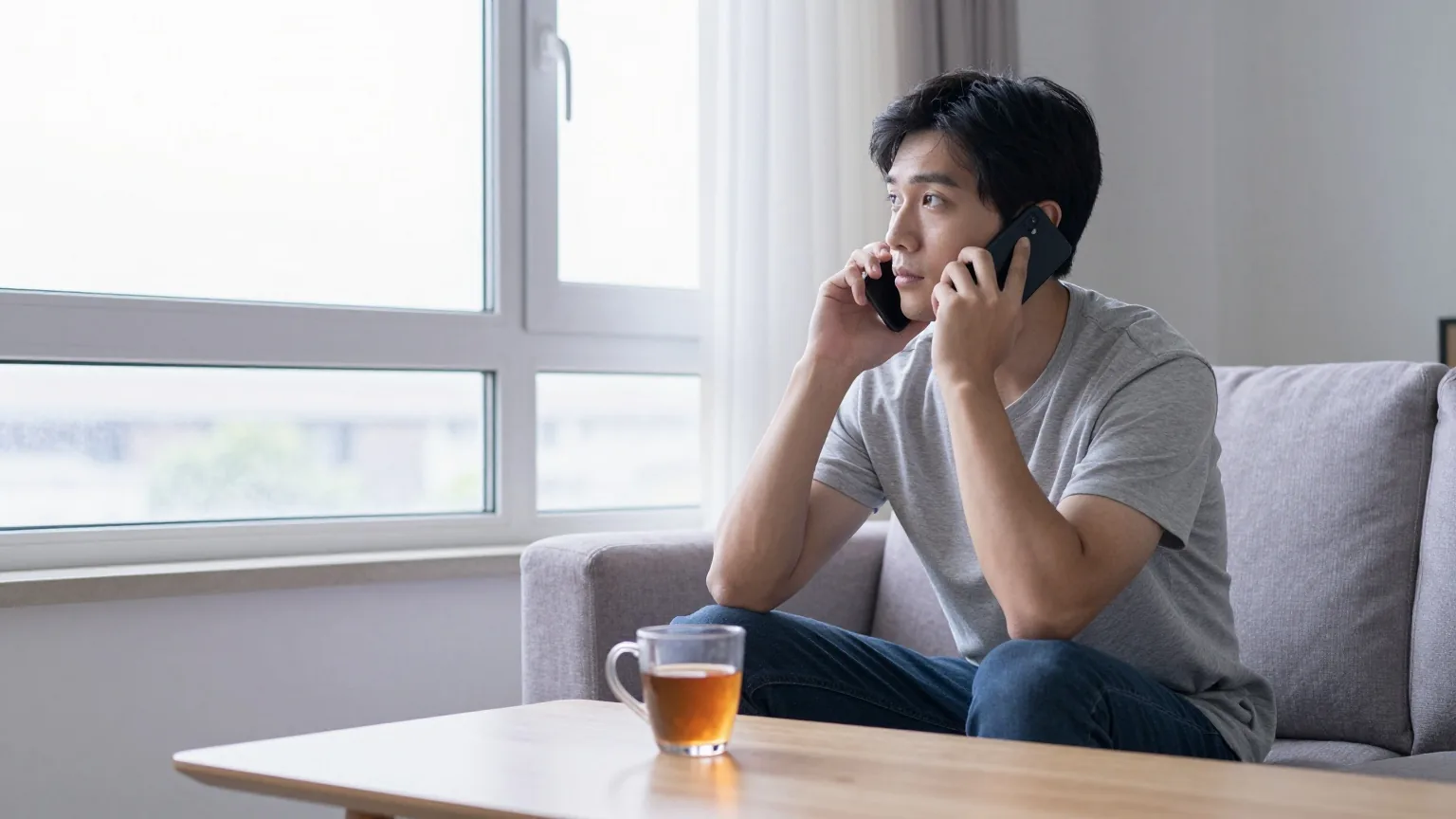 Junger Mann auf einem grauen Sofa telefoniert mit dem Smartphone am Ohr und blickt aus dem Fenster